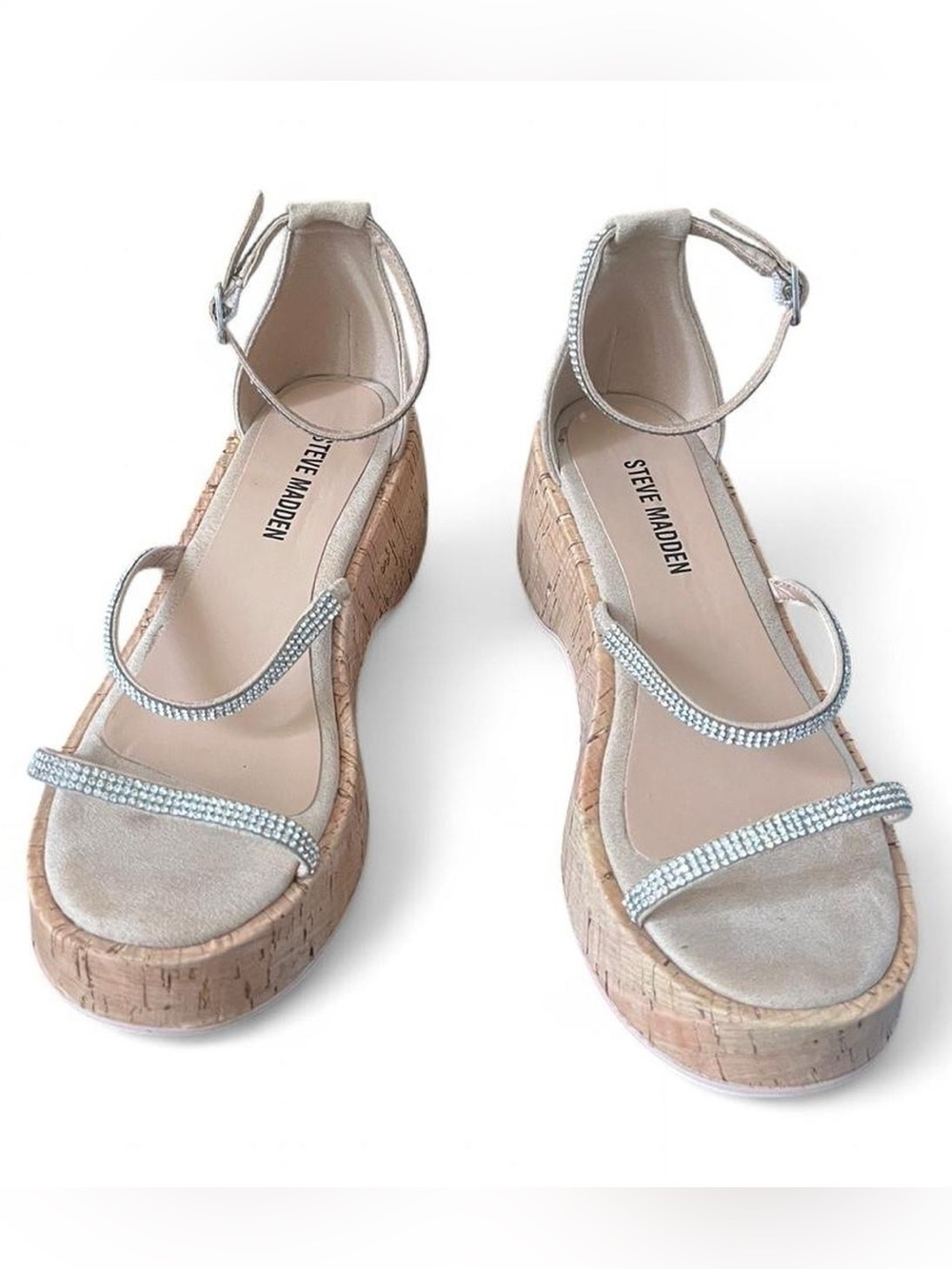 Steve Madden Girls Cork Platform Sandals with Silver Rhinestone Straps size 1 32